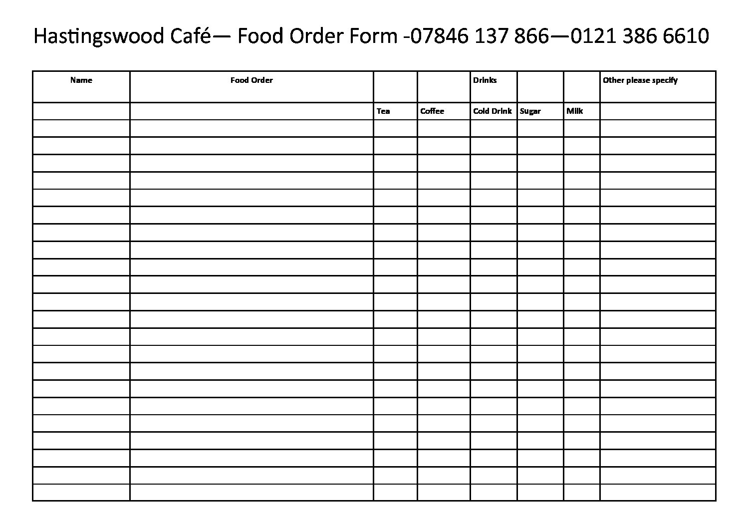 Printable Food Order Form Template